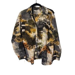 Zara Basic Earthy Forest Print Button Up Top Size Small